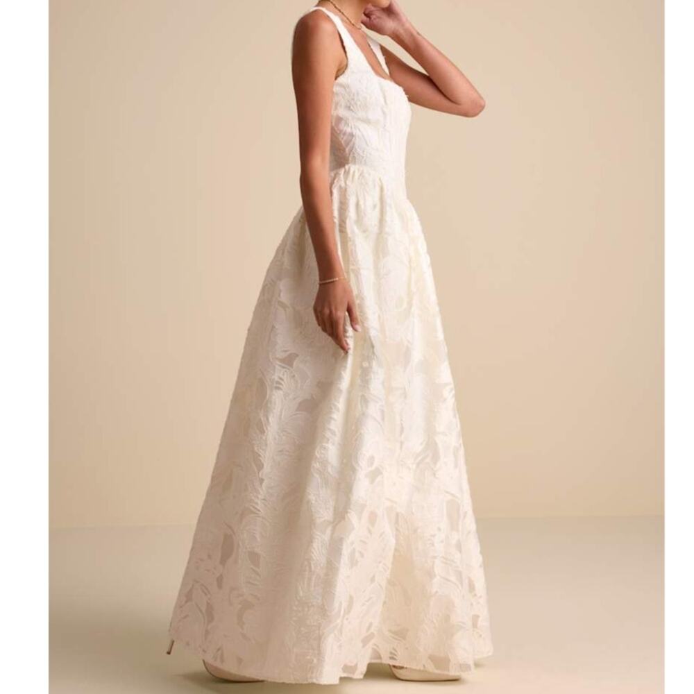 Lulus Bridal Corsen Ivory Floral Jacquard Corset A-Line Maxi Dress Wedding Gown - Picture 3 of 12